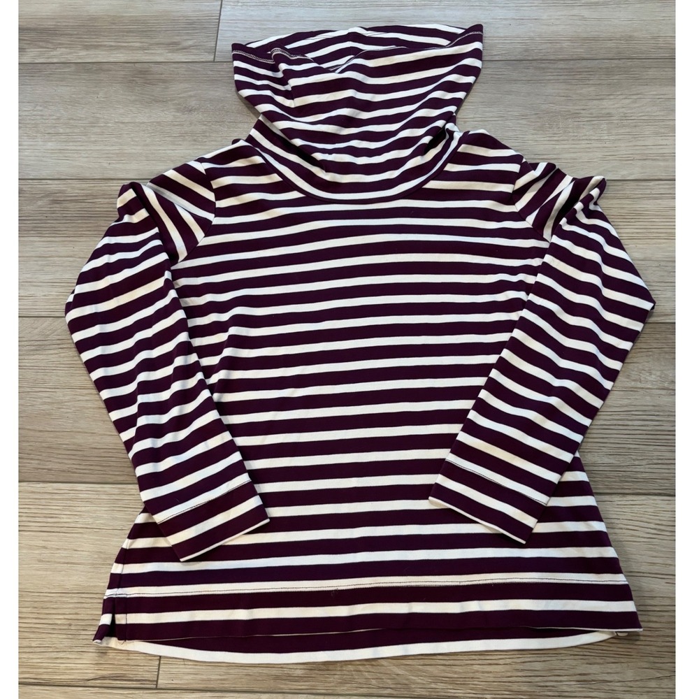 LL Bean Womens Small Petite Supima Cotton Funnel Neck Striped Top Purple White